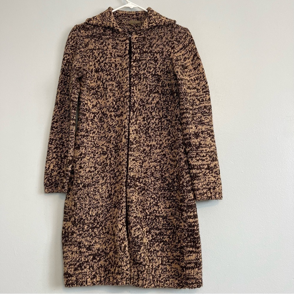 J Crew Brown Black Mix Cardigan Longline Sailor Collar Sz M Thick Warm Basic